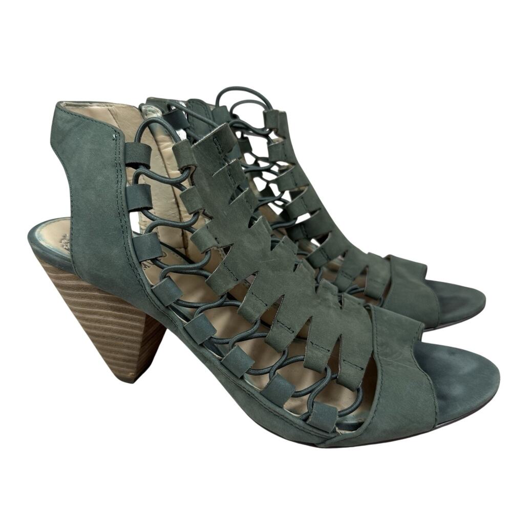 Vince Camuto Eliaz Gladiator Strappy Cage Green Suede Sandal 7M Cone Heel Boho